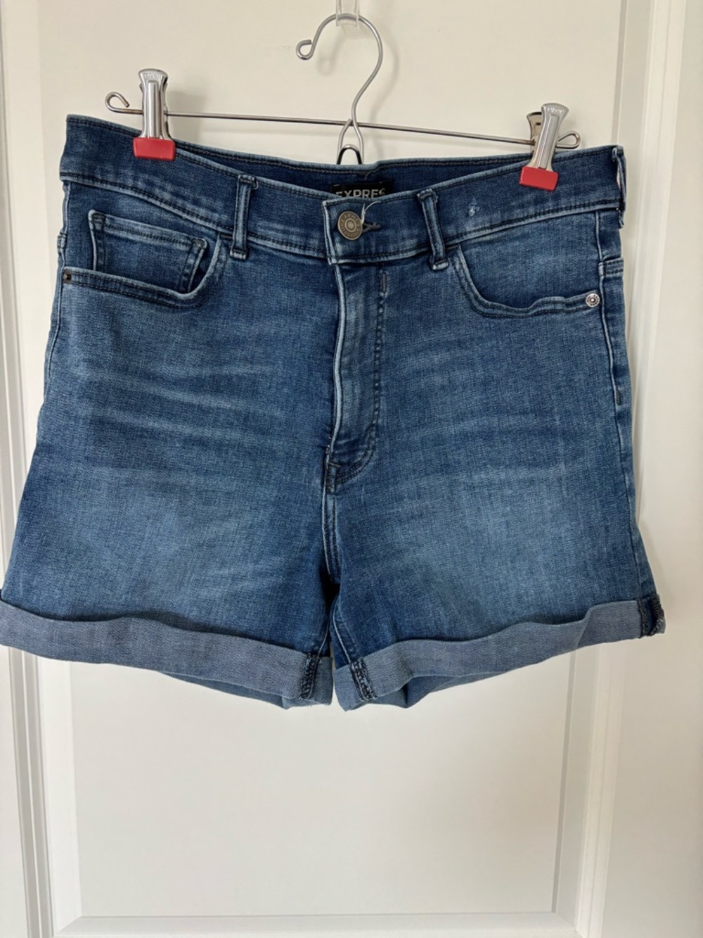 Express Midi High Rise Denim Stretch Short Shorts Cuffed 12